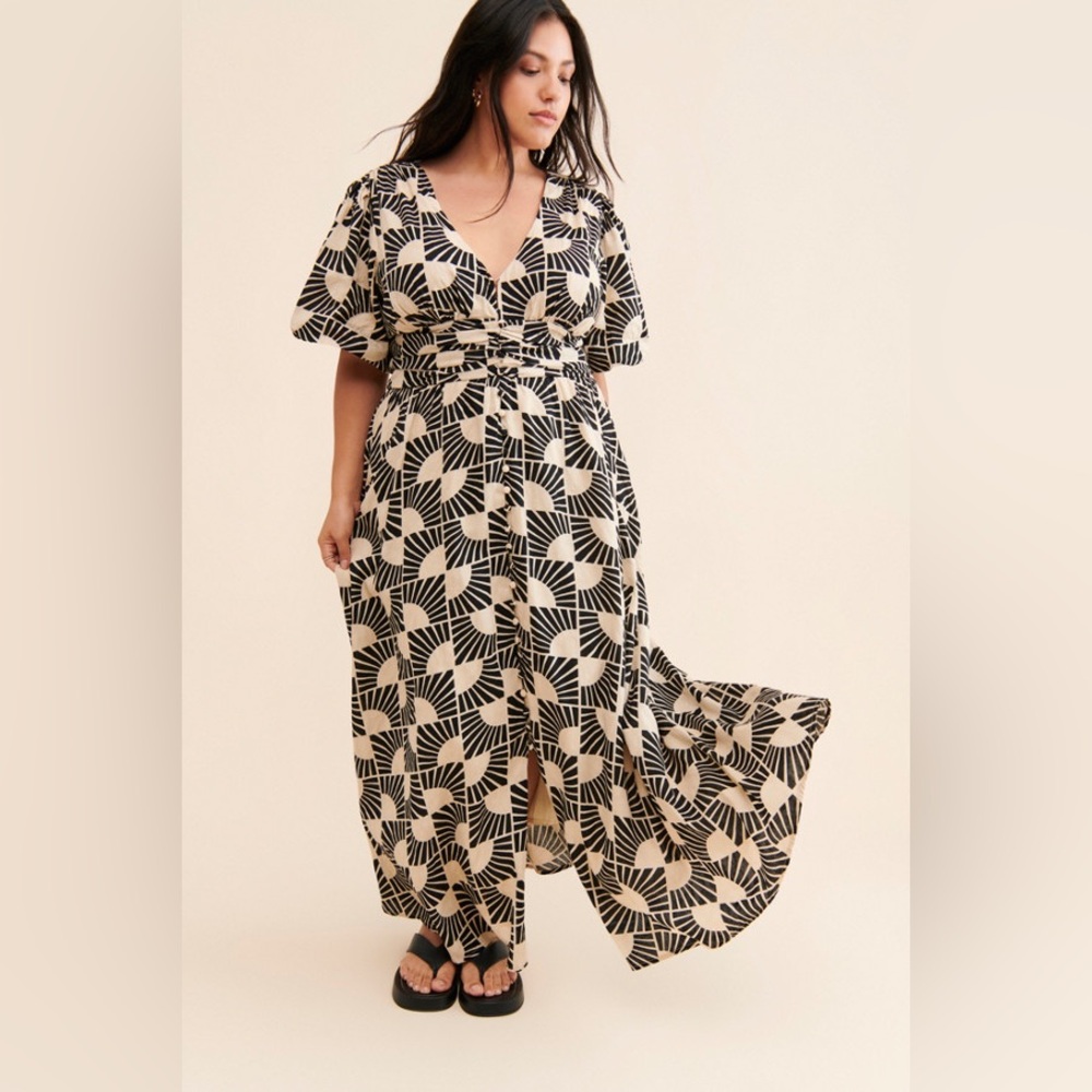 Anthropologie Black and Cream Geometric Midi Dress